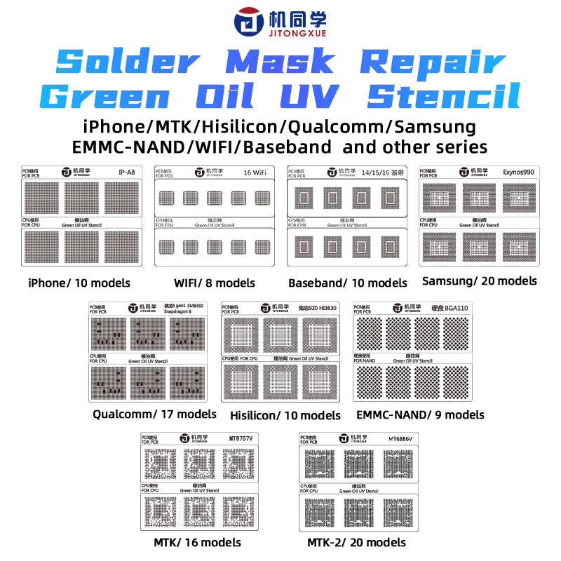 JTX Green Oil UV Stencil GS-01 Full Set 100 models iPhone/MTK/Hisilicon/ Qualcomm/Samsung/ EMMC-NAND/WIFI/Baseband