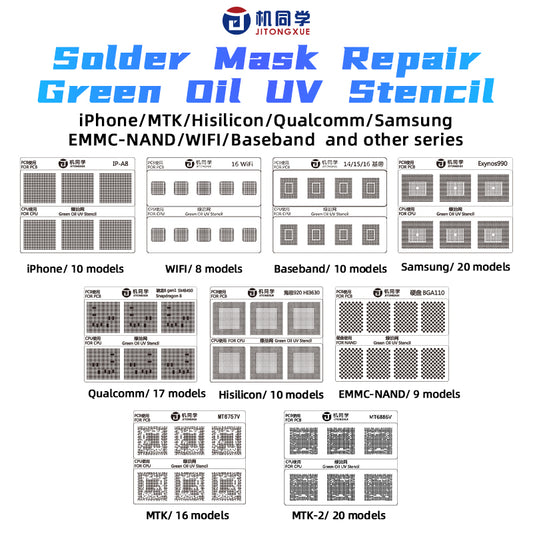 JTX Green Oil UV Stencil GS-01 Full Set 100 models iPhone/MTK/Hisilicon/ Qualcomm/Samsung/ EMMC-NAND/WIFI/Baseband